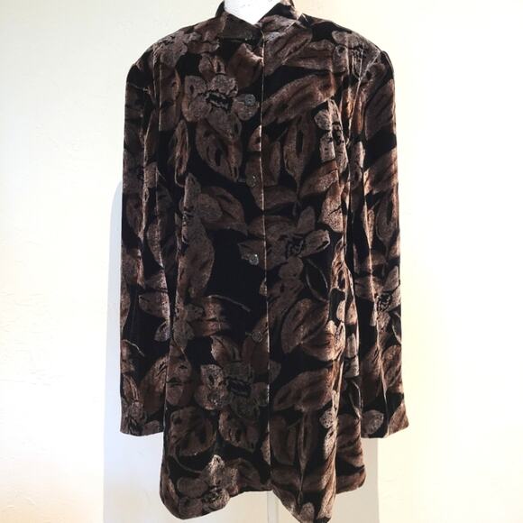 Dana Buchman Vintage 90's Floral Print Velvet Long-Line Button-Up Jacket, Sz 16 - Picture 1 of 8